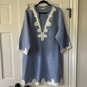 Boden Chambray Blue Linen Tunic Dress with White Detailing